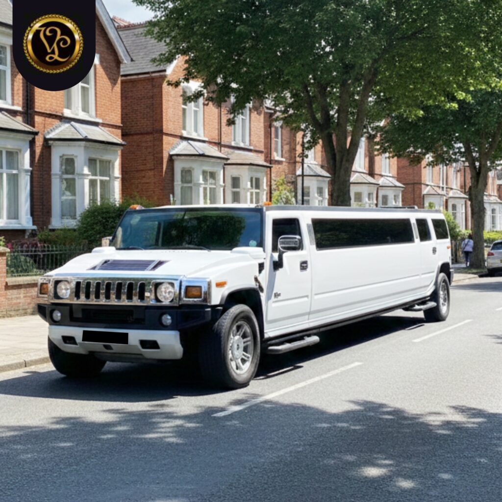 White Hummer stretch limousine parked on a residential street.