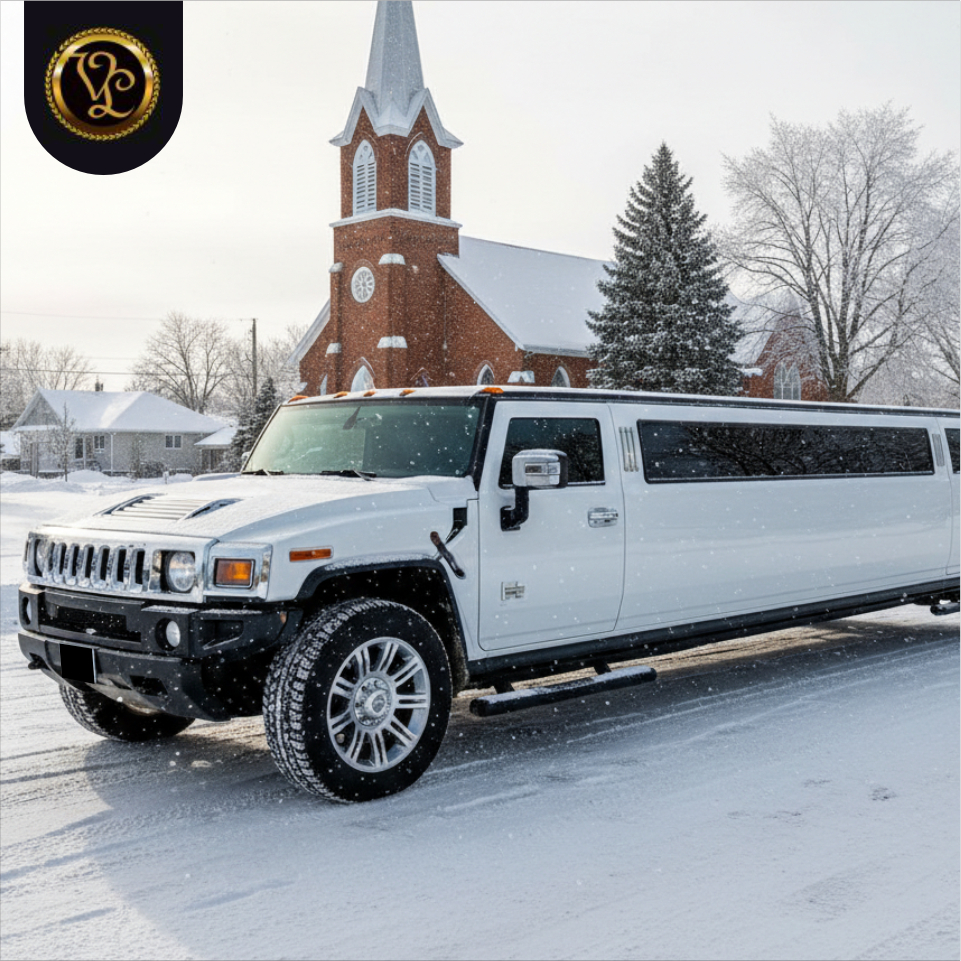 White Hummer stretch limousine parked on a snowy street