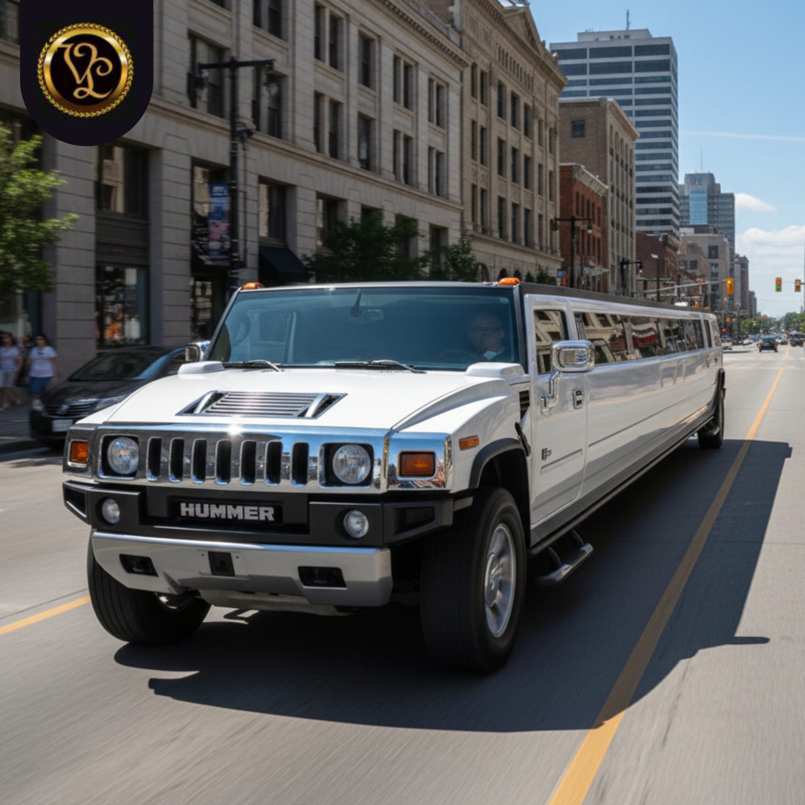 White Hummer stretch limousine by AAA VIP Limos driving in the city.