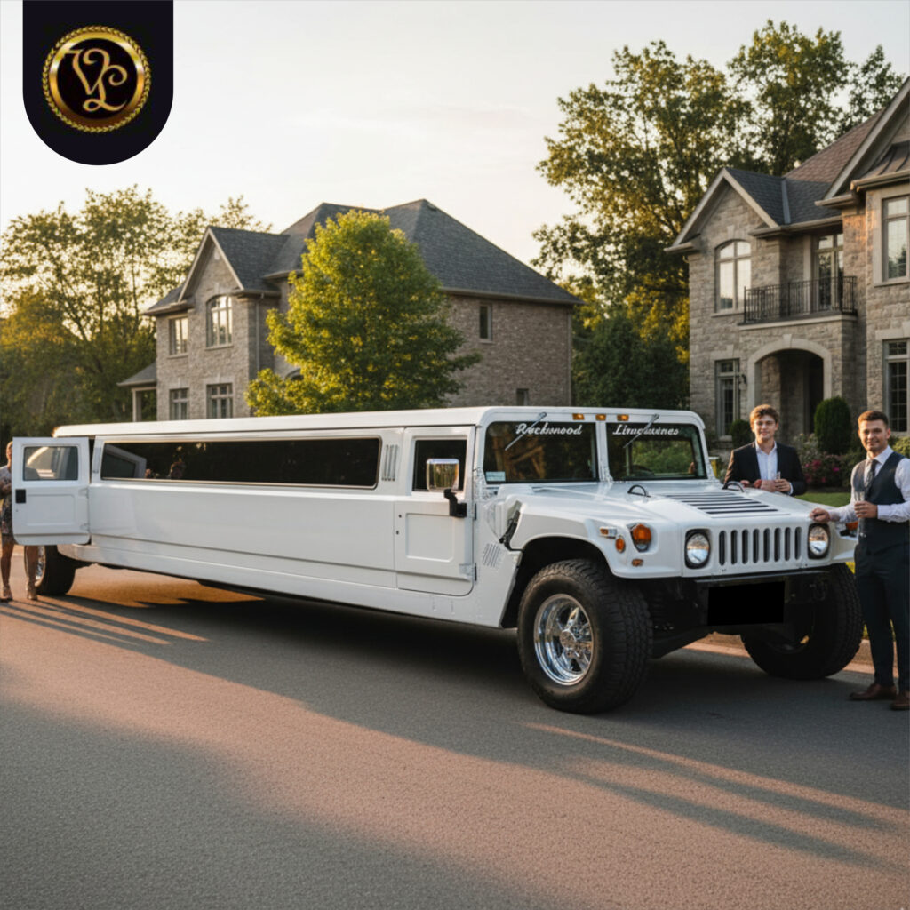 White Hummer stretch limousine parked outside a luxury residence, premium VIP limousine service for weddings and events