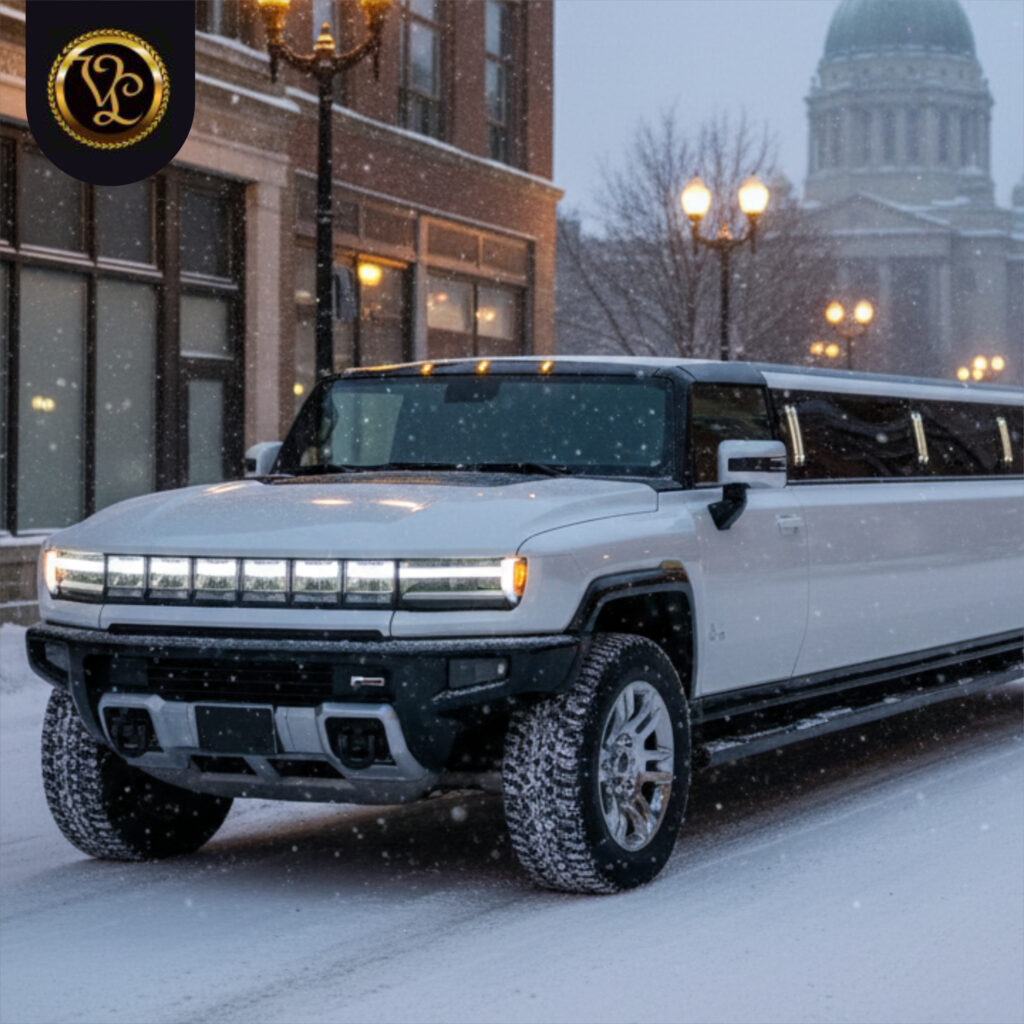 Luxury white stretch Hummer limo by AAA VIP Limo driving through a snowy city street, offering premium chauffeur-driven transportation services