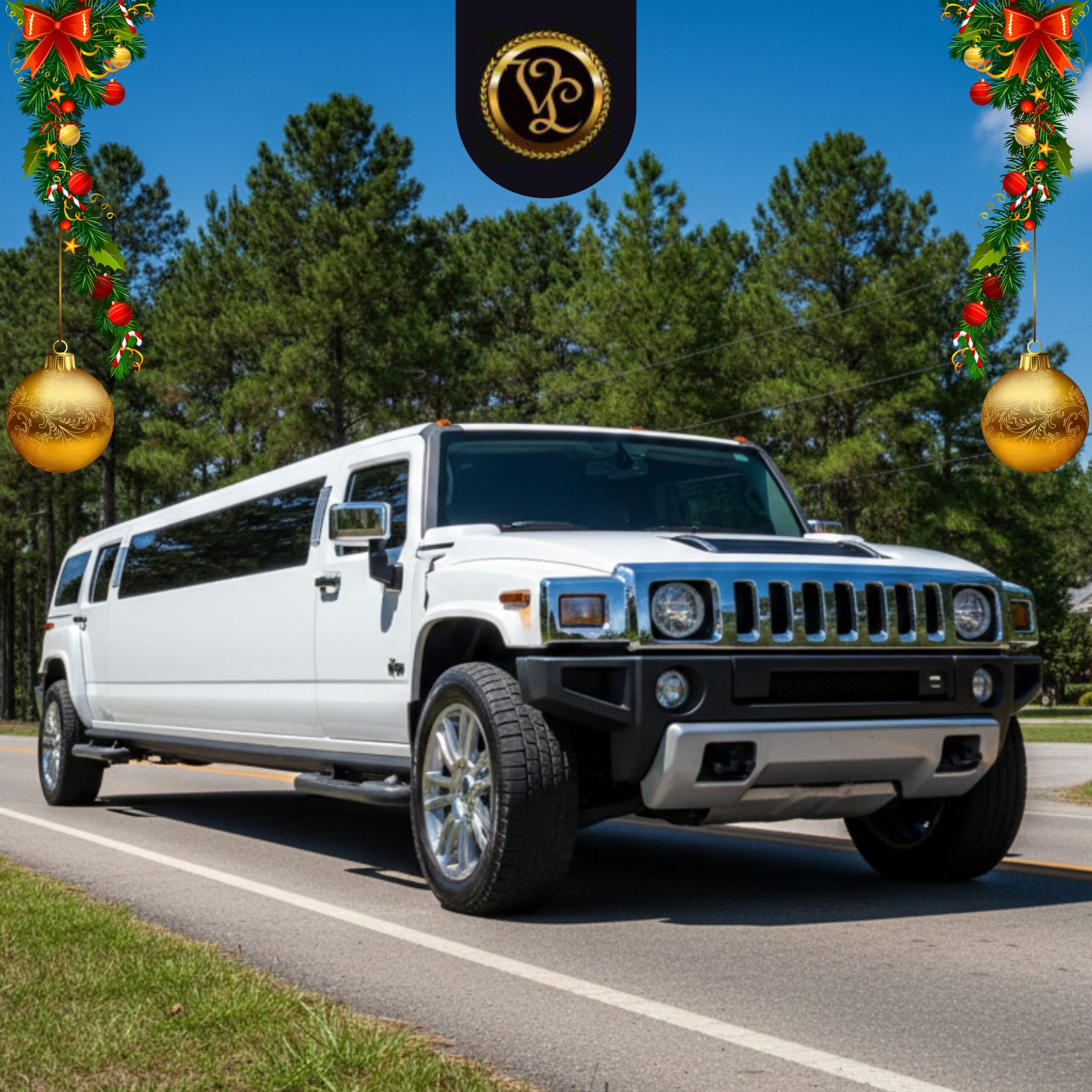 White Hummer stretch limousine on a road with festive holiday decorations.